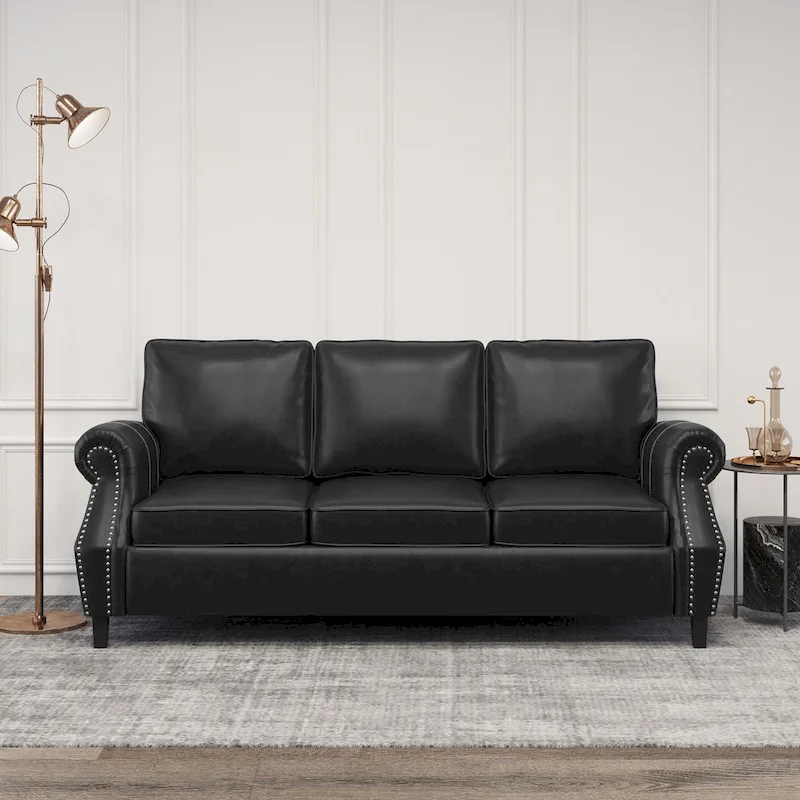 Black Modern 80  Faux Leather 3-seater Sofa with Birch Wood Legs and Nailheads for Living Room