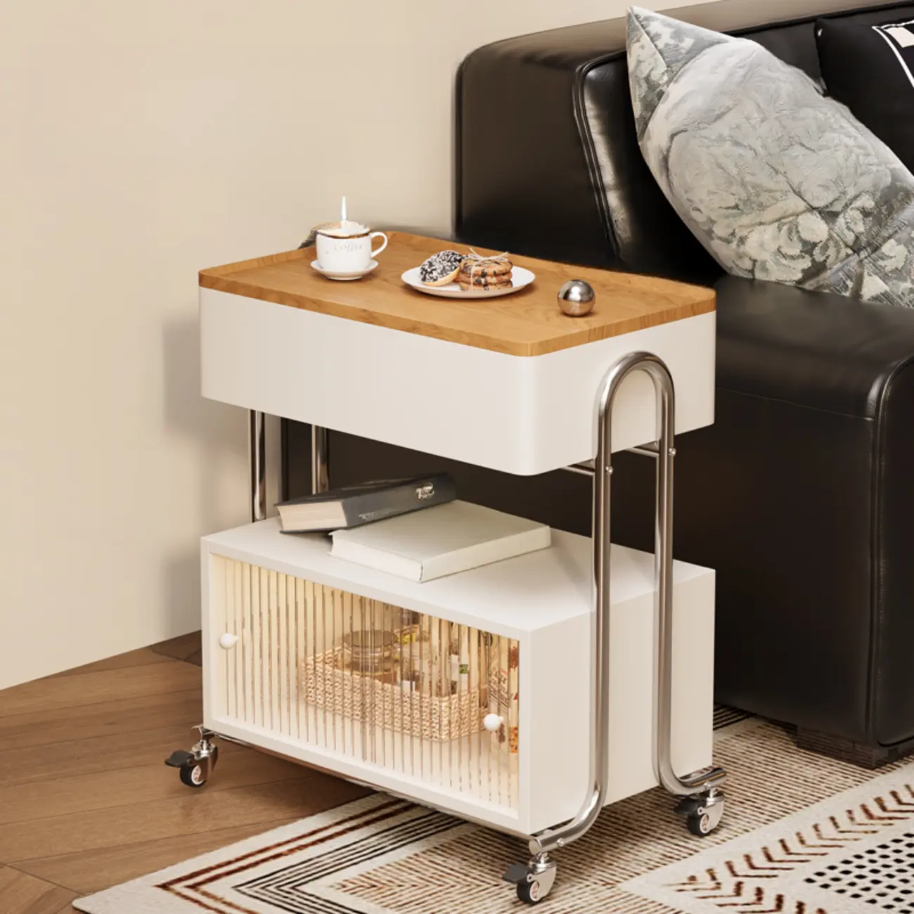 Modern Foldable Top Wheeled Side Table with Hidden Storage