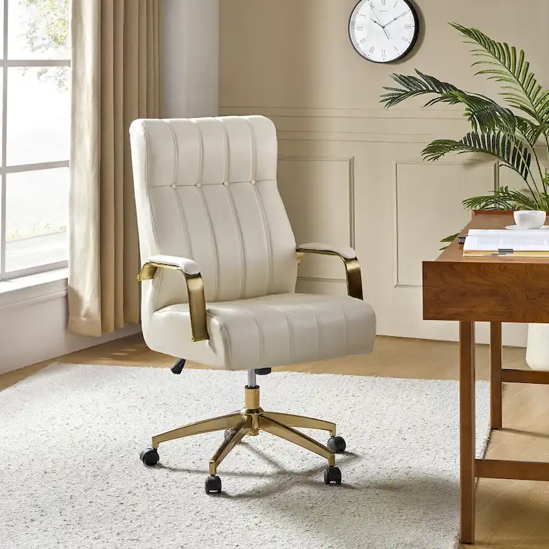 Mid-Century Modern Vegan Leather Office Chair - Swivel Tilting Ergonomic Desk Chair with Channel Tufted Design & Adjustable Height