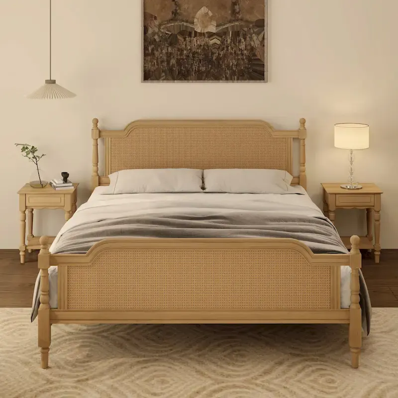 Traditional Style Platform Bed with Rattan Headboard and Footboard for Bedroom
