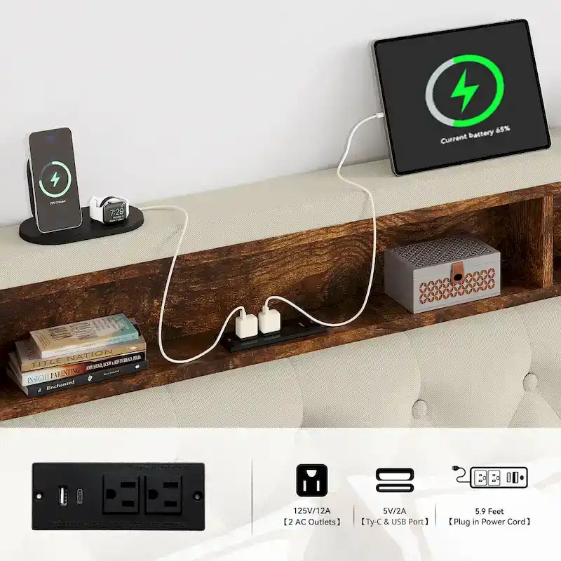 Moasis King Upholstered Headboard Bed Frame with LED