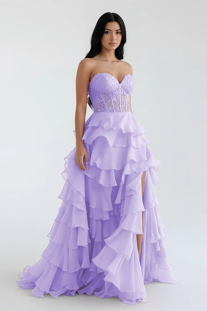 Royal Blue Chiffon Sweetheart Ruffle Tiered Long Prom Dress