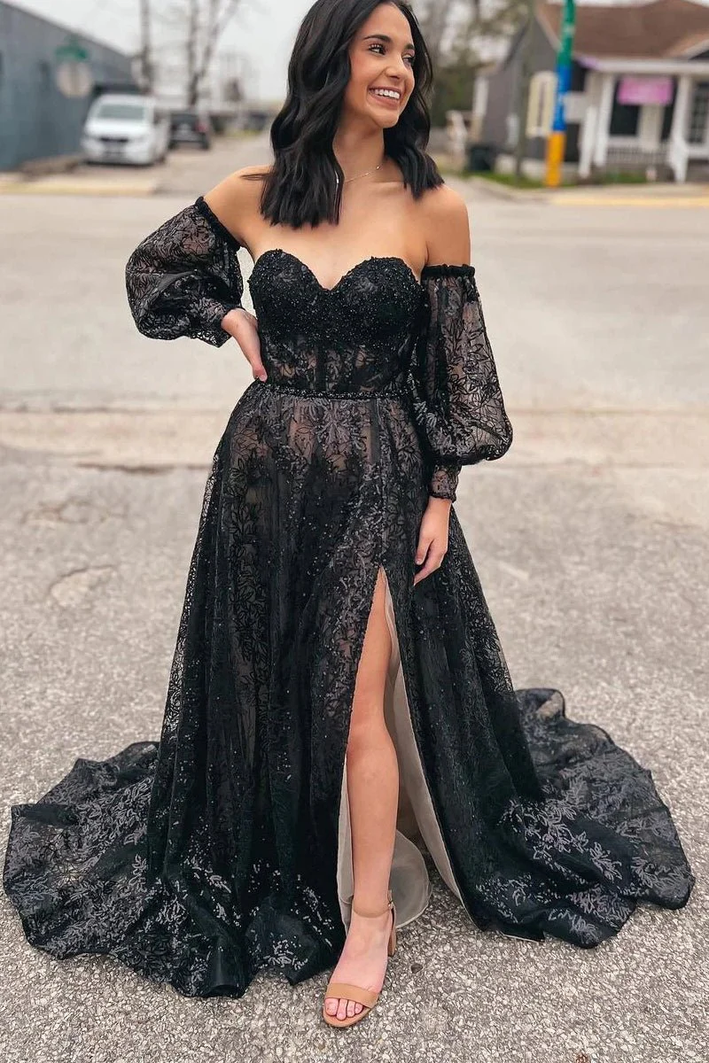 Cute A Line Sweetheart Black Sequins Long Prom Dresses