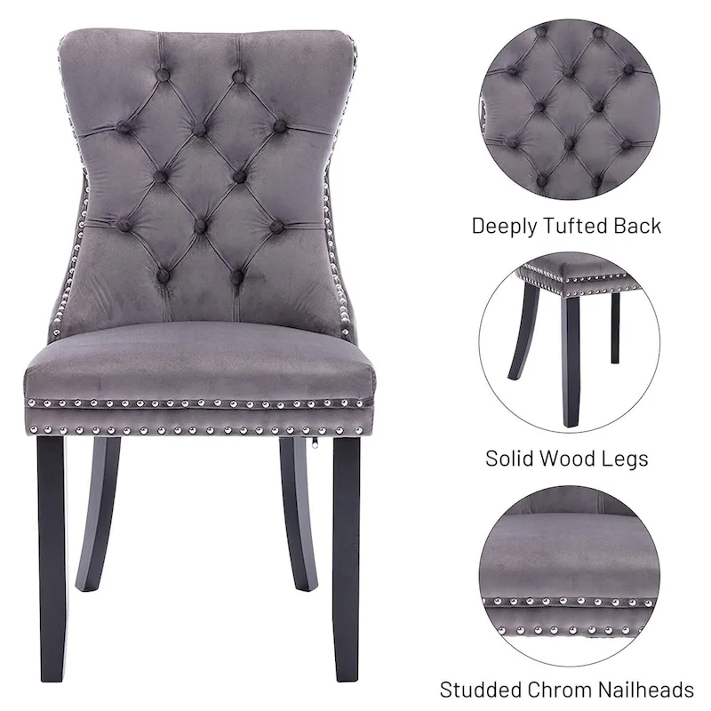 Set of 2 Velvet Dining Chairs,Tufted Solid Wood Armless Chairs Accent Chair with Nailhead Trim and Back Ring Pull