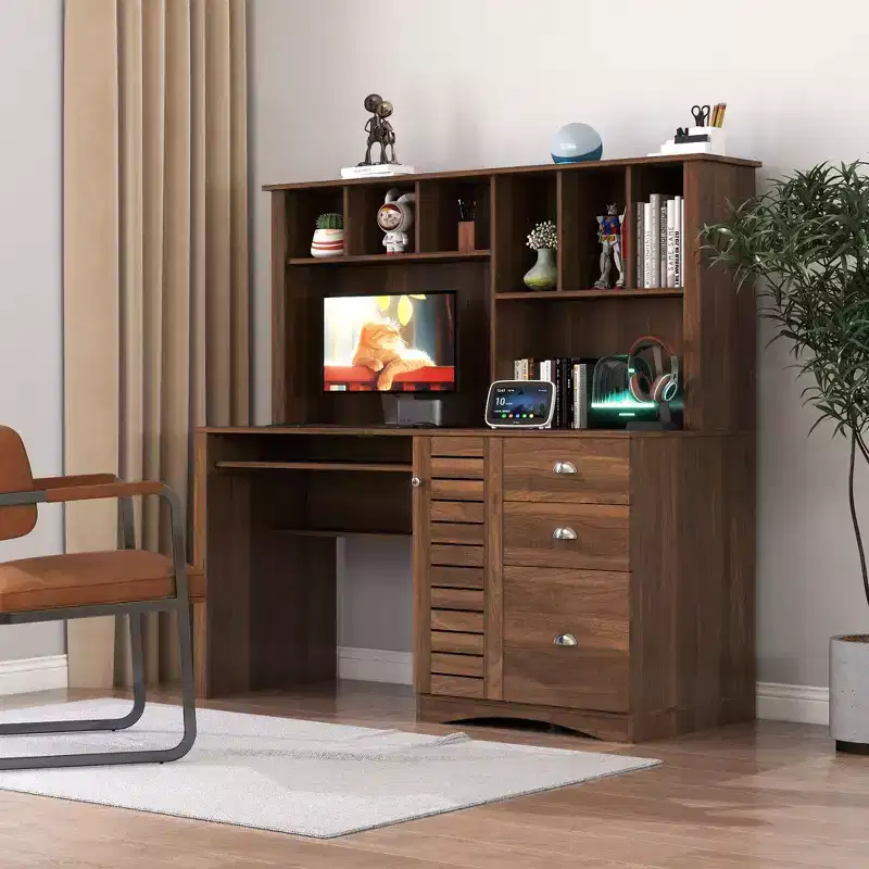 Okak 59.06IN Home Office Desks with Bookshelf, Standing Desk with 3 Drawers and 1 Cabinet Door, Computer Desk for Study, Reading Room, Walnut