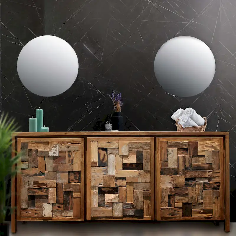 Recycled Teak Wood Bathroom Linen Cabinet with 3 Doors – Eco-Friendly, 71W x 33H, Handcrafted