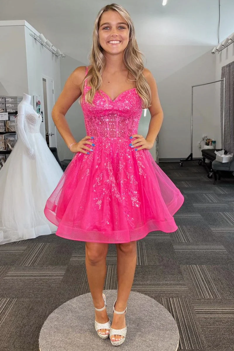 A-line Spaghetti Straps Sequins Tulle Homecoming Dress