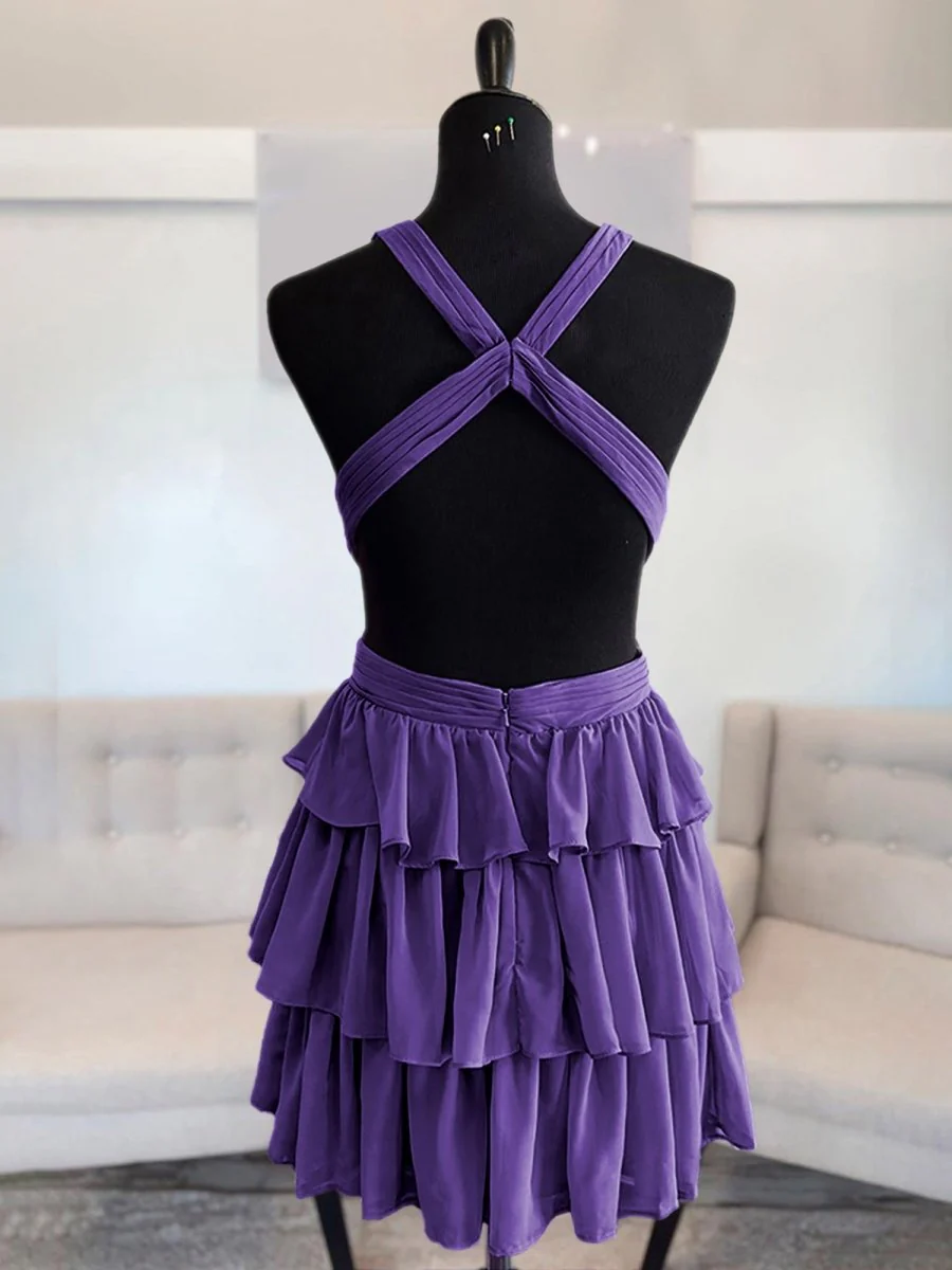 Purple - V Neck A Line Tiered Chiffon Homecoming Dresses With Cut Out