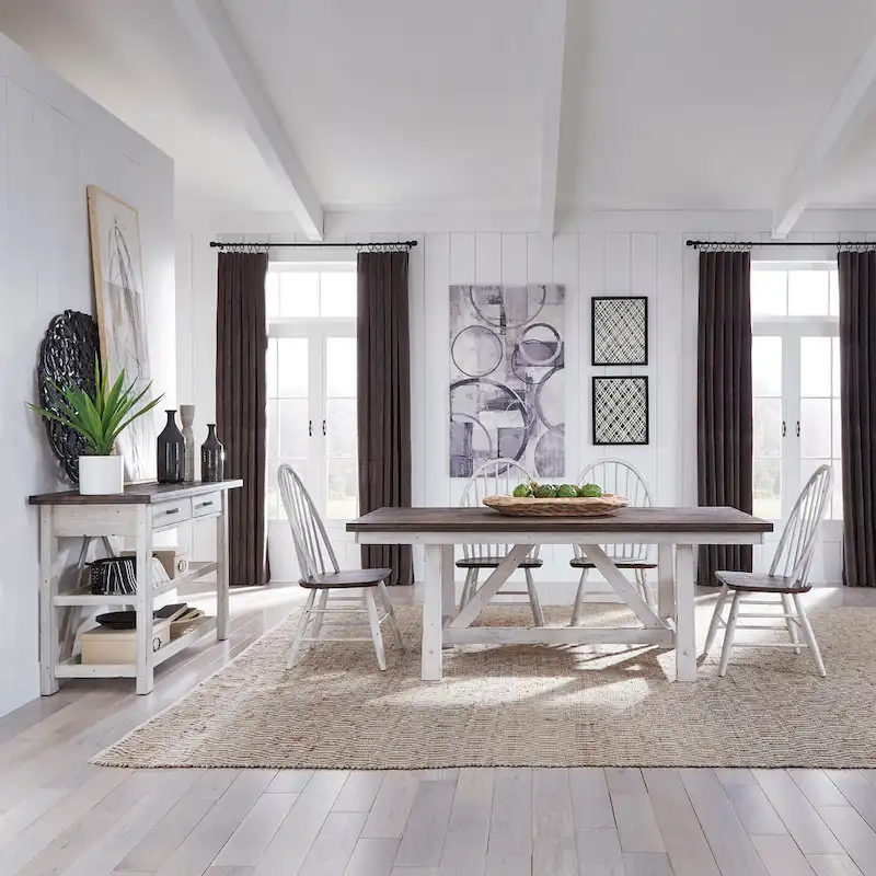 Farmhouse White and Wood Tone 5 Piece Trestle Table Set