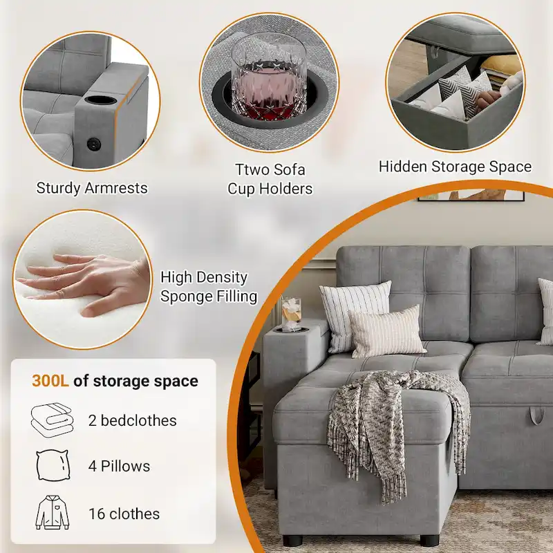 U-Shaped Sectional Sofa with Double Chaise,2 in 1 Pull Out Couch Bed,U-Shaped Sofa Couch Bed,Sleeper Sofa with Pull Out Bed