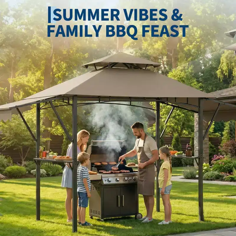 8x5 Grill Gazebo Outdoor BBQ Canopy, Double Tier Patio Shelter with Adjustable Awnings, 2 Shelves, Hooks & Heavy Duty Steel Frame