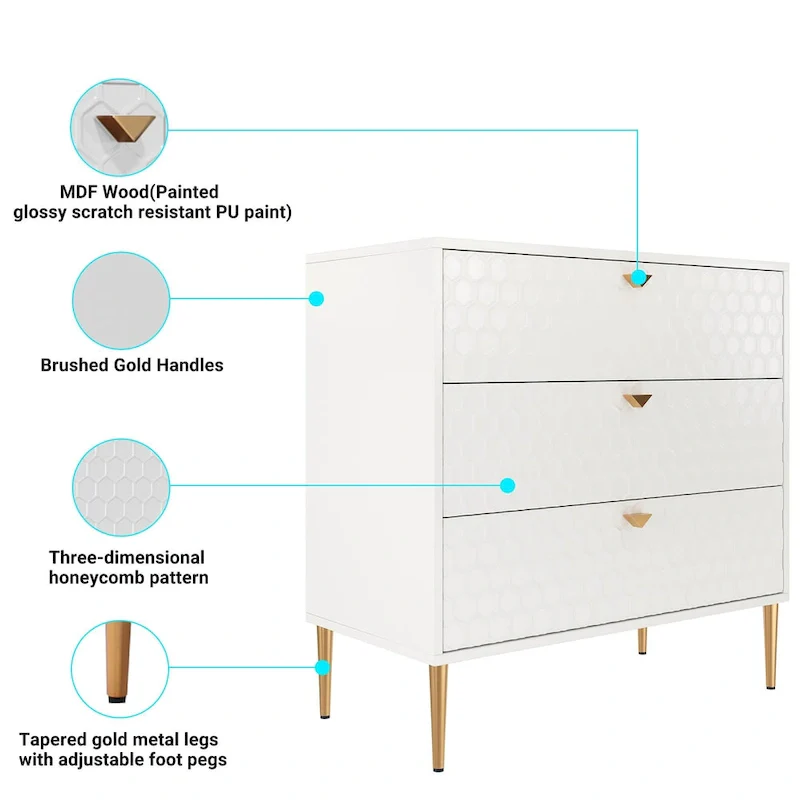 3-Drawer Dresser Chest with Gold Legs, Black/White/Blue/Green