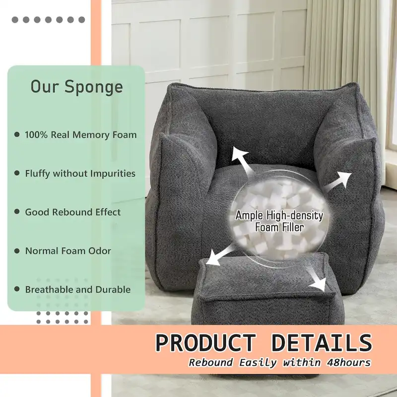 Boucle Upholstered Deep Seat Armless Square Bean Bag Chair with Ottoman