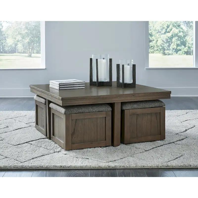 Brown Veneer Coffee Table with 4 Stools, 40W x 40D x 18H