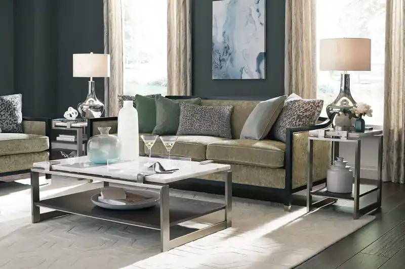 Paradox 22 Modern End Table with Shelf - White Marble Top with Brushed Platinum Frame