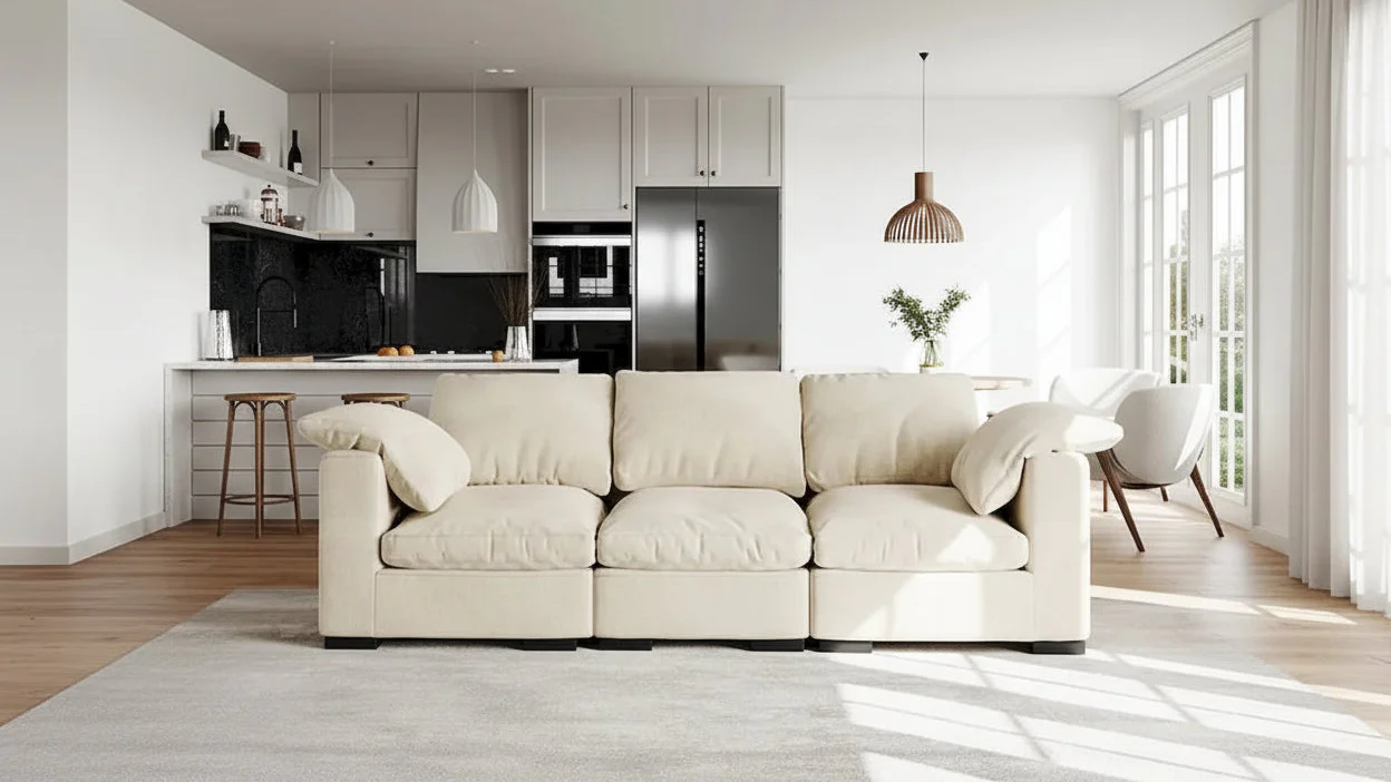 86.61 Modern Farmhouse Deep 3-Seater Sofa, Track Arm Couch, Linen Fabric Sofa