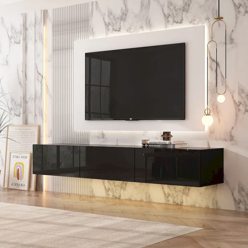 63 Floating Entertainment Center, Wall Mount LED TV Stand High Gloss