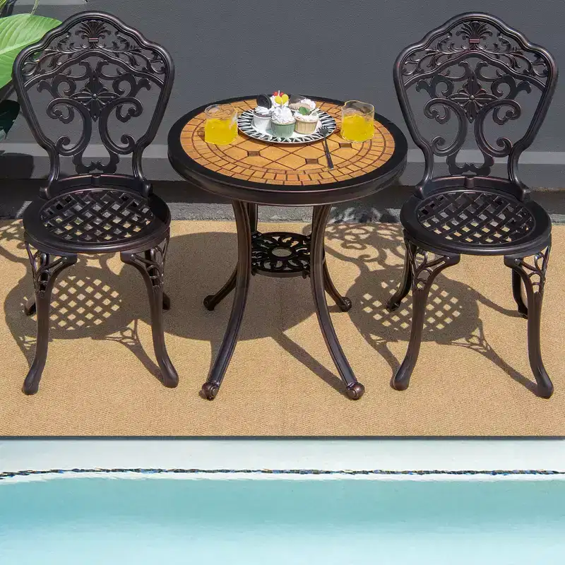 Costway 3PCS Patio Bistro Set Round Table Chairs All Weather Cast Aluminum Yard
