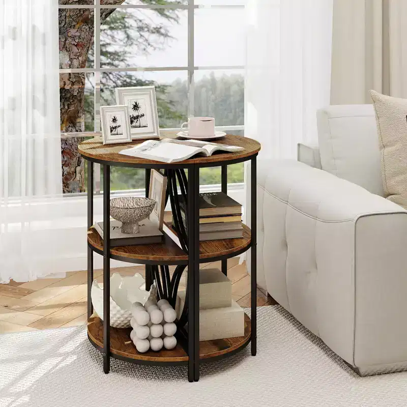 Costway 3-Tier Half Round End Table w/Study Metal Frame Storage Shelves for Living Room Rustic Brown