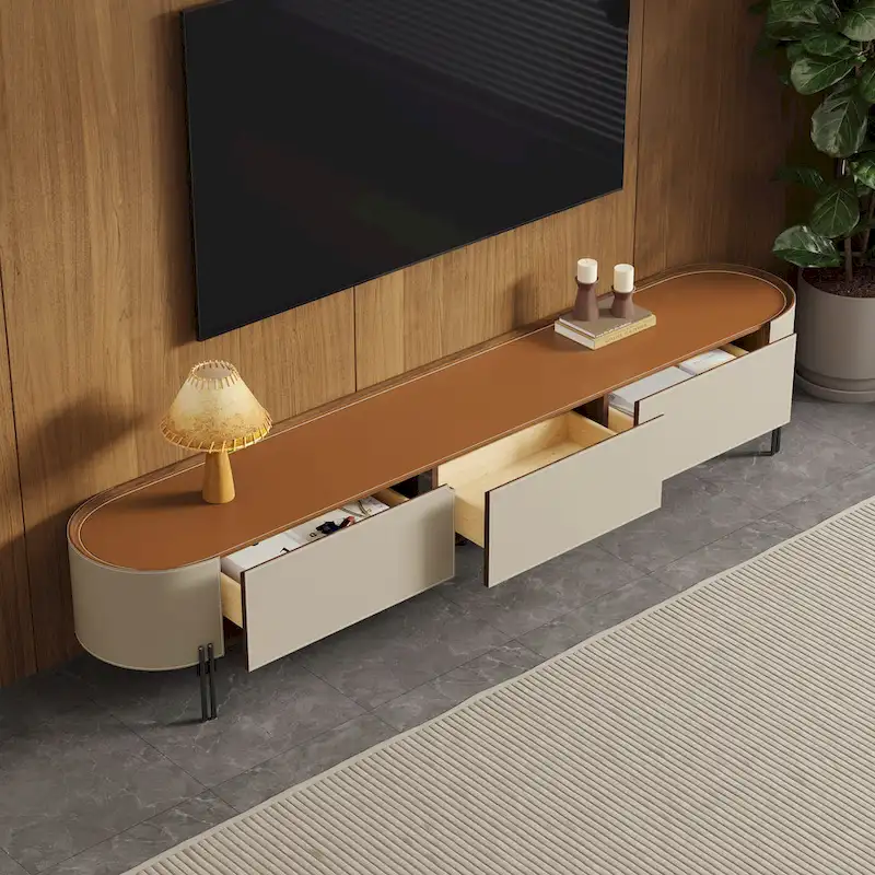 86.6   Leather TV Stand, Modern Entertainment Center with 3 Drawers
