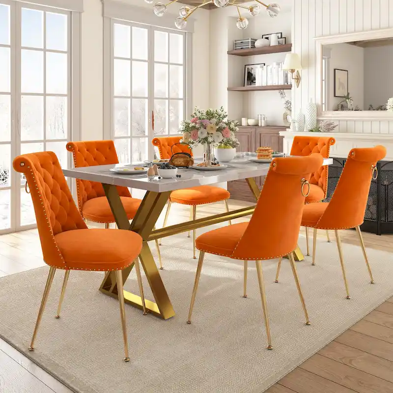 7-Piece Clihome Marble Dining Table with Velvet Chair Dining Chair