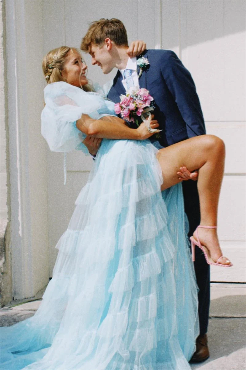 A Line Tow-Piece Tulle Prom Dress with Slit