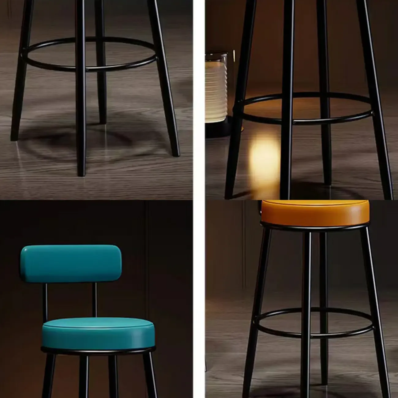 Modern Round Iron Open-Back Upholstered Bar Stool