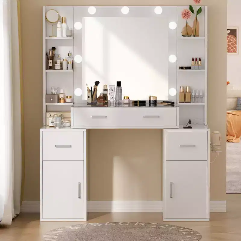 NES Vanity Desk with Mirror and Lights, Glass Top, Charging Station, Mirror, Nightstand, 3 Lighting Modes, White