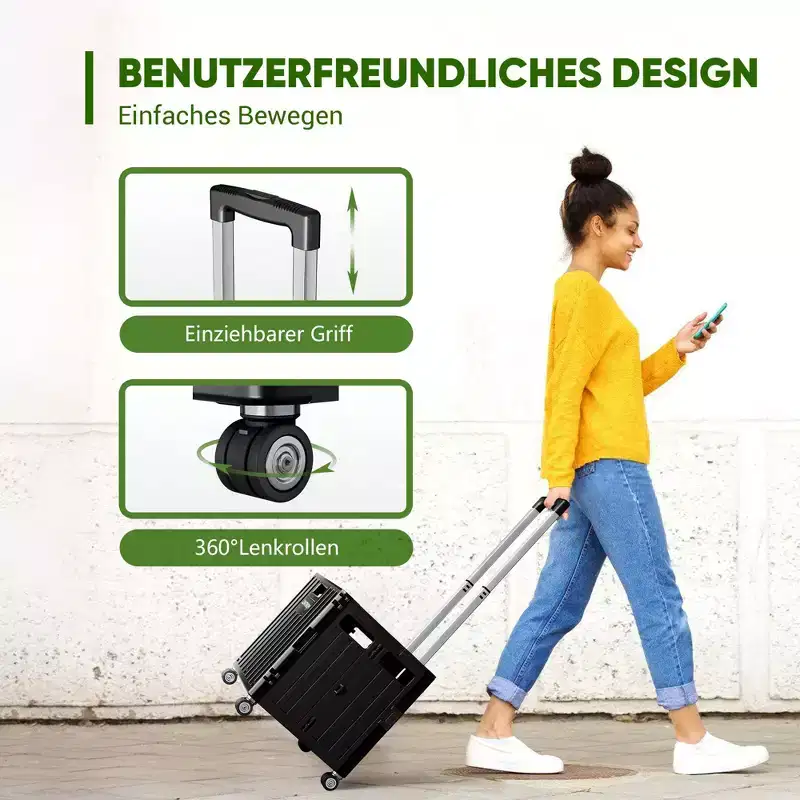 65 L Black Foldable Rolling Shopping Cart with Telescopic Handle and 360 Swivel Wheels Heavy Duty Utility Cart for Groceries Office Travel