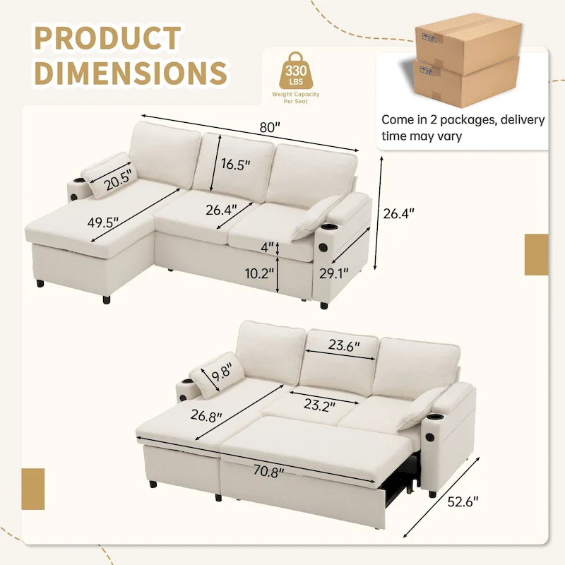 80 L-Shaped Sofa Couch Bed, Sofa Sleeper with Pull Out Bed, Reversible Sleeper Sofa Bed