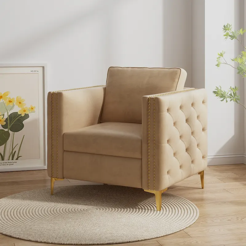 Khaki Modern 35.4 Upholstered Button Tufted Arm Chair with Metal Legs and Nailheads for Living Room