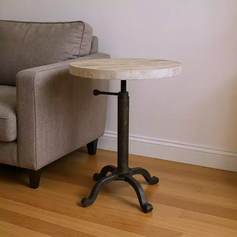 HomeRoots 22 Natural and Black Solid Wood and Metal Height Adjustable Round Pedestal End Table