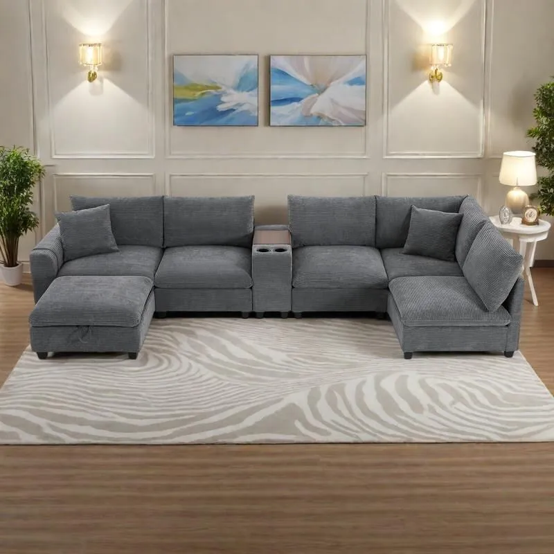 140 Corduroy U-Shaped Modular Sectional Sofa with Storage Ottoman & Console,and USB Charger, Cup Holders & 30 Wide Seats