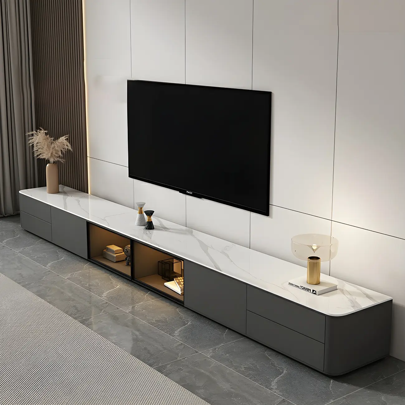 Living Room Grey Stone Long TV Stand with Drawers & Cabinet