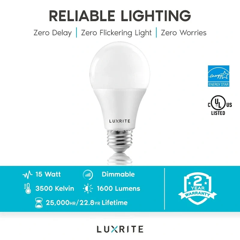 Luxrite A19 LED Light Bulb 100W Equivalent 3500K 1600 Lumens Dimmable 15W Enclosed Fixture Rated E26 Base 6 Pack
