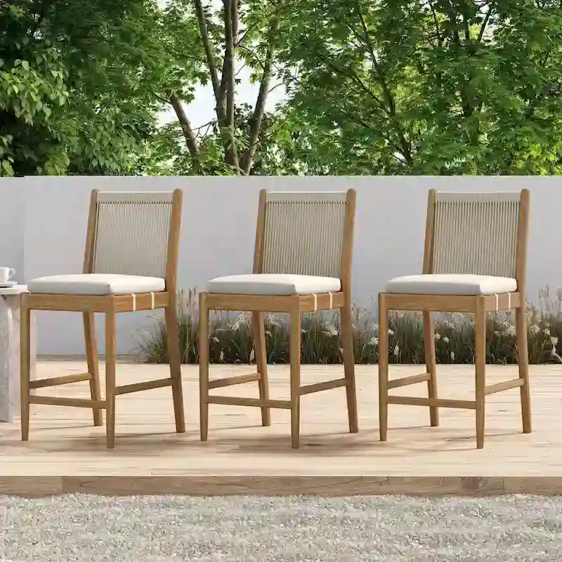 Kayden Solid Wood Dining Chair or Bar Stool with Woven Rope Backrest, Upholstered Stool for Kitchen or Bar