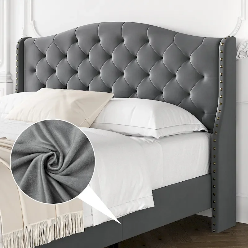 Bed Frame With Velvet Upholstered Headboard And Footboard