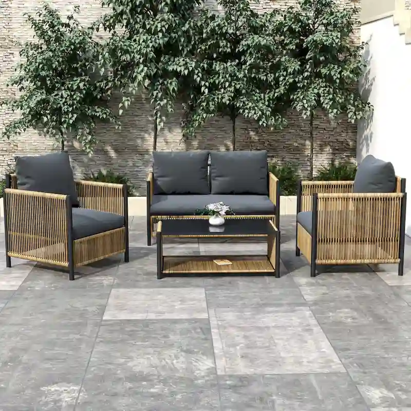 New Comming Patio 4 pieces Brown PE Wicker Sofa Set with Grey Cushion
