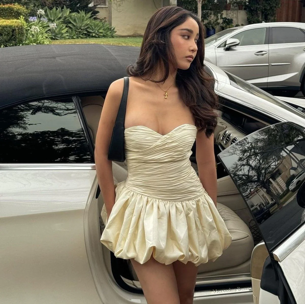 Champagne - Strapless A-Line Satin Balloon Draped Homecoming Dress