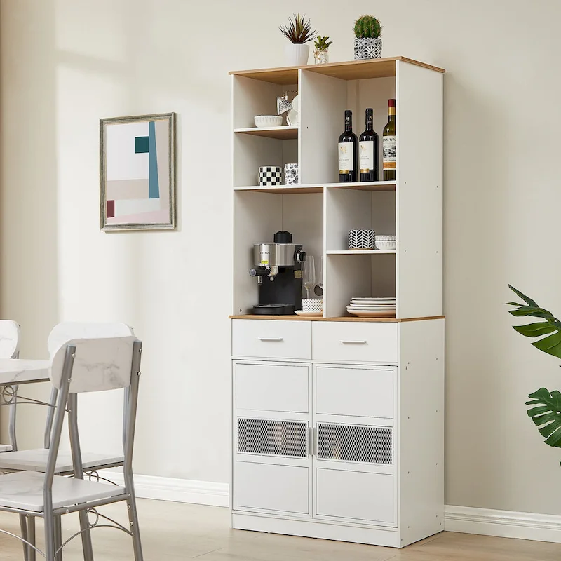 White 2-Door Kitchen Pantry Cabinet with Drawers and Open Shelves