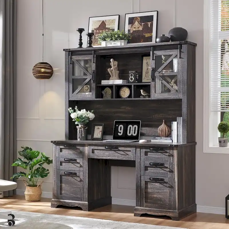 Farmhouse Desk, Wood Home Office Executive Desk with Charging Station