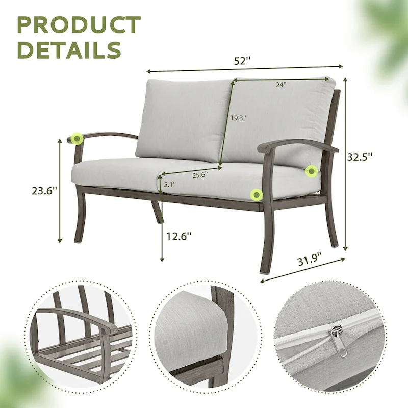 4-Person Aluminum Patio Conversation Set with Coffee Table, Loveseat and Light Gray Cushions