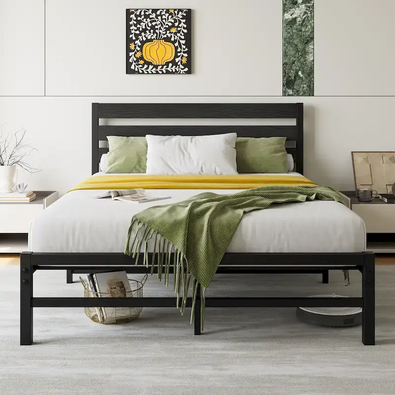 Modern Platform Bed Frame with Rustic Vintage Wood Headboard,No Box Spring Needed