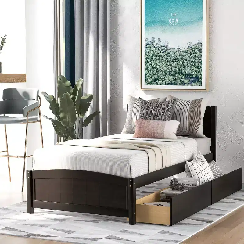 Twin size white platform bed with two drawers modern design extra storage space