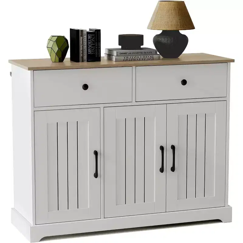 Modern Farmhouse Kitchen Storage Cabinet with 42-Inch Width, Sideboard Buffet with Drawers, Adjustable Shelves and Doors, For Living and Dining Room