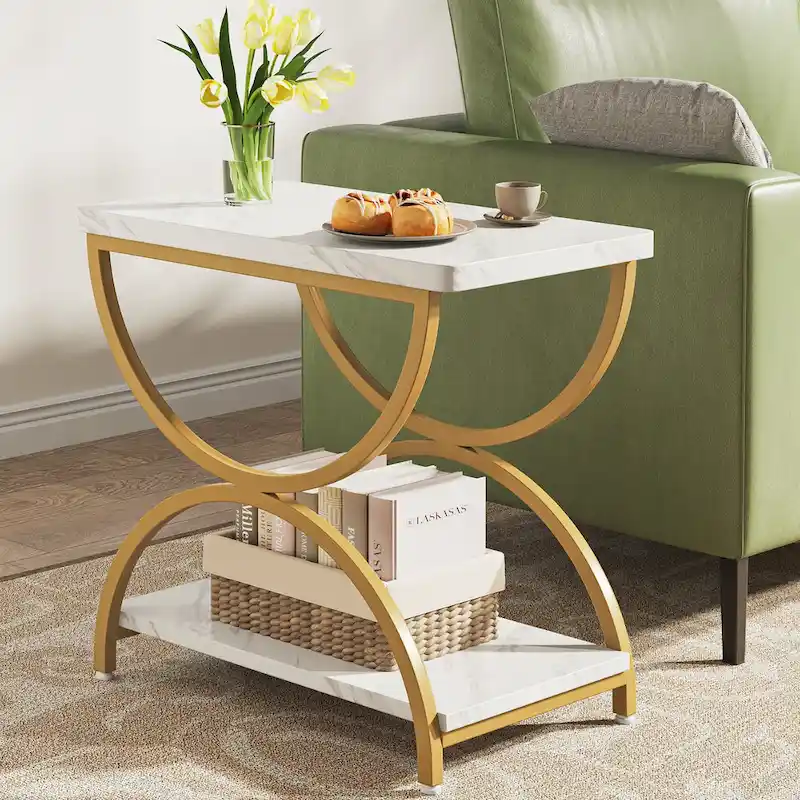 2-Tier Rectangular Wood Metal End Side Chairside Table