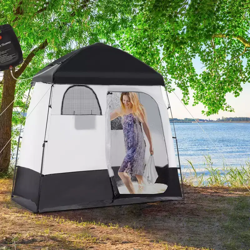 NAYSAYE Pop Up Shower Camping Tent Privacy Shelter with Two Rooms and Carry Bag for Camping Outdoor Adventures, Black, 86.6*49.2*90.5