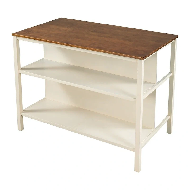 Farmhouse Solid Wood 45 Fixed Kitchen Island with 2 Open Shelves