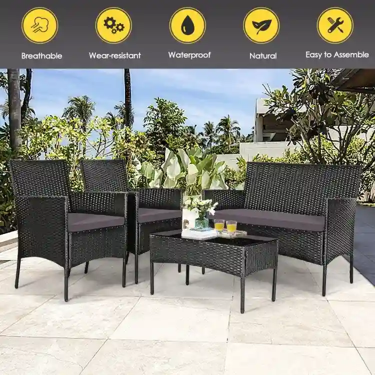 4 Pieces Patio Rattan Cushioned Sofa Set with Tempered Glass Coffee Table - 24 x 23.5 x 33 (L x W x H)