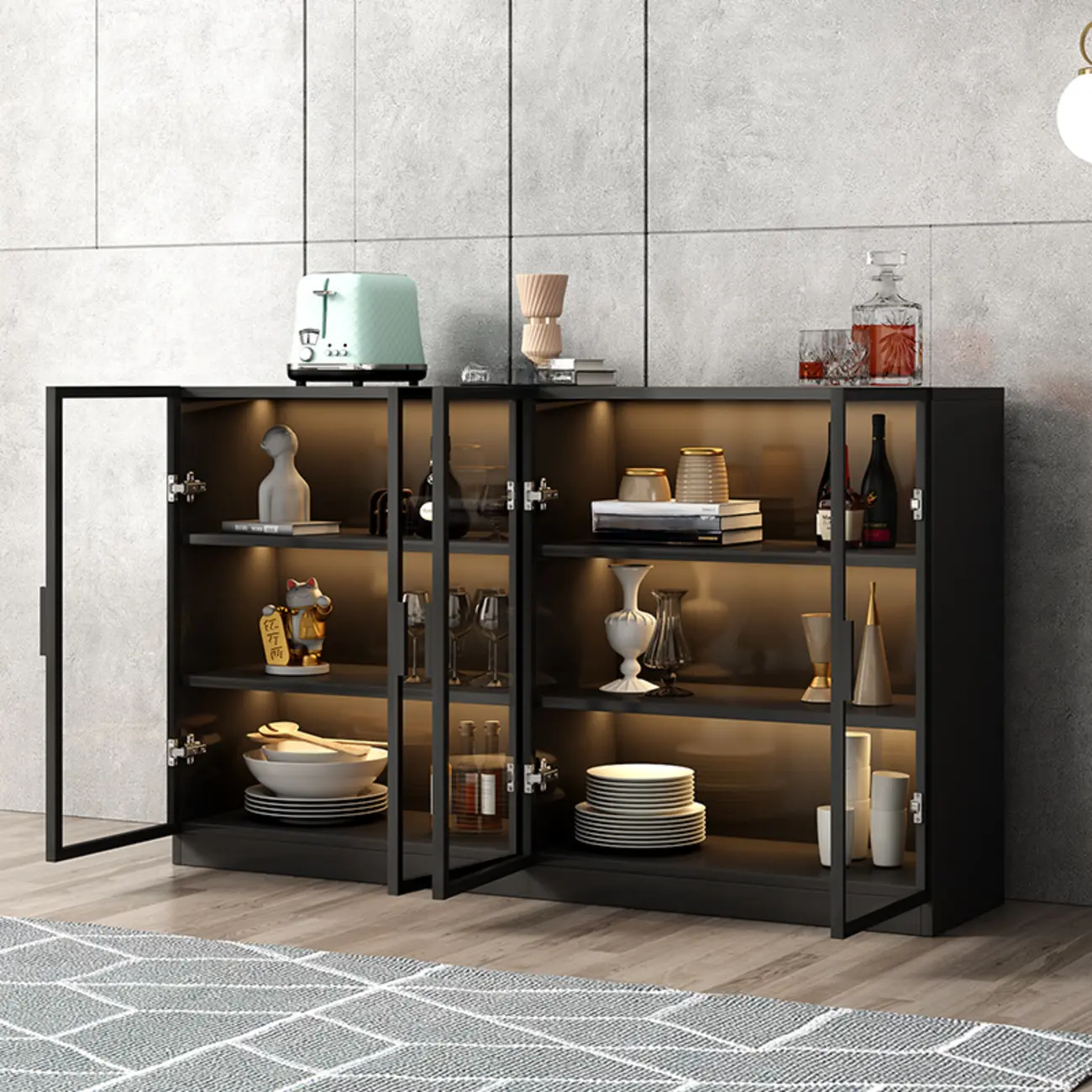 Large 3 Shelves Glass Wood Black Sideboard with LED Light